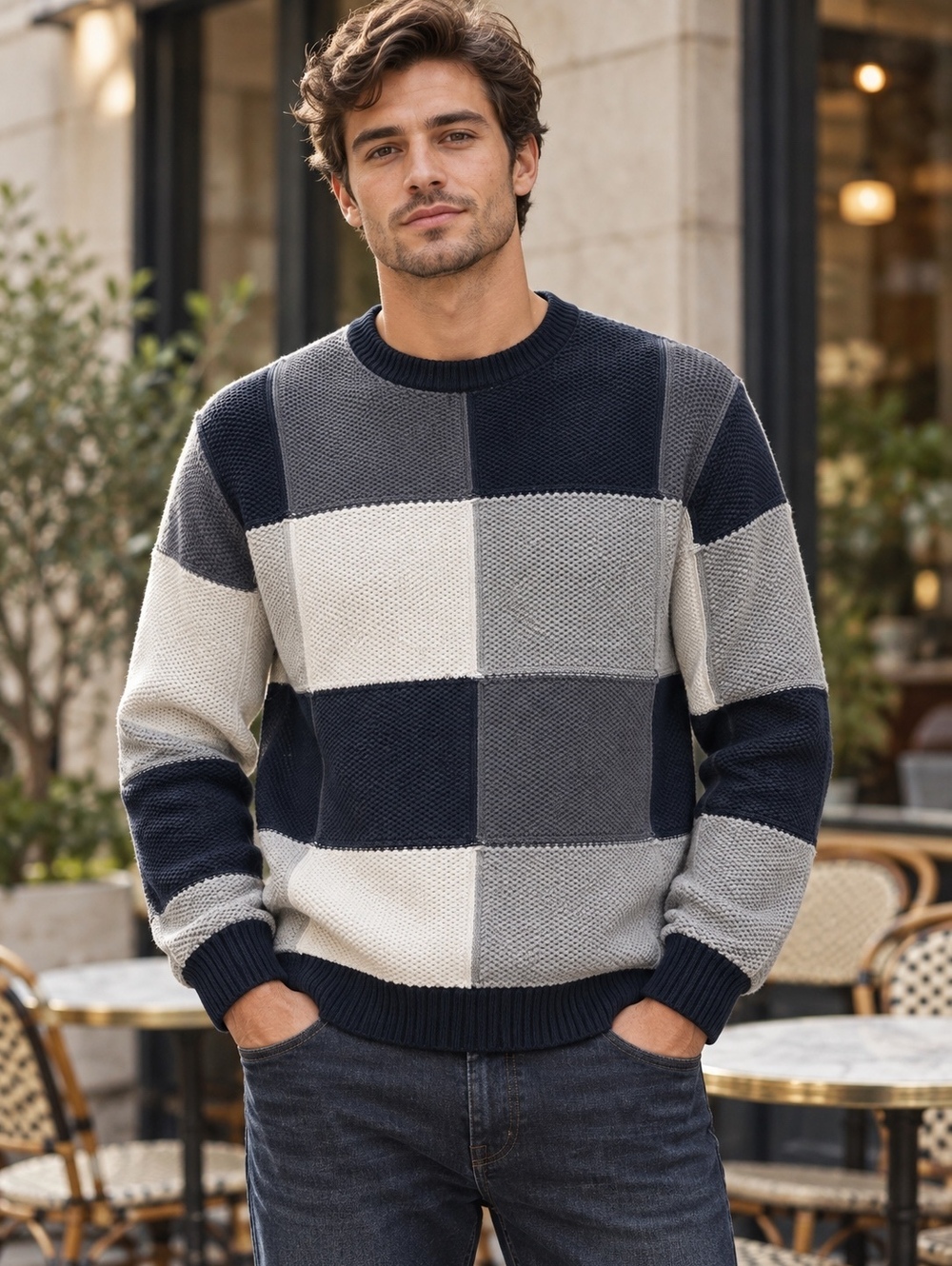Zara Men’s Textured Colorblock Cotton Sweater Navy Gray Cream Size L